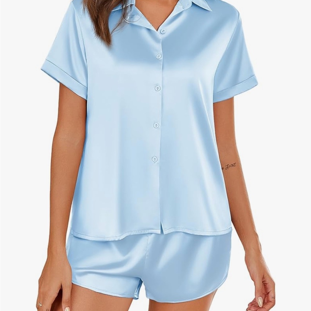 Blue Satin Pajama Set with Relaxed Fit